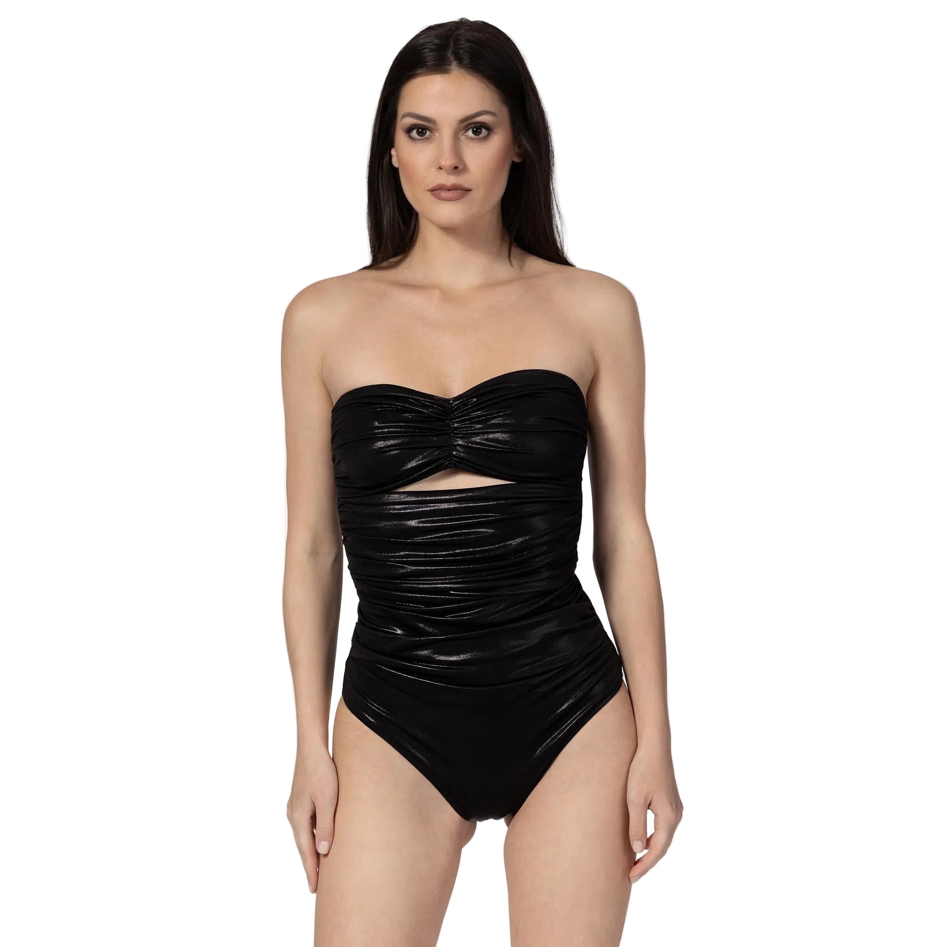 Woman wearing a black strapless swimsuit on a white background
