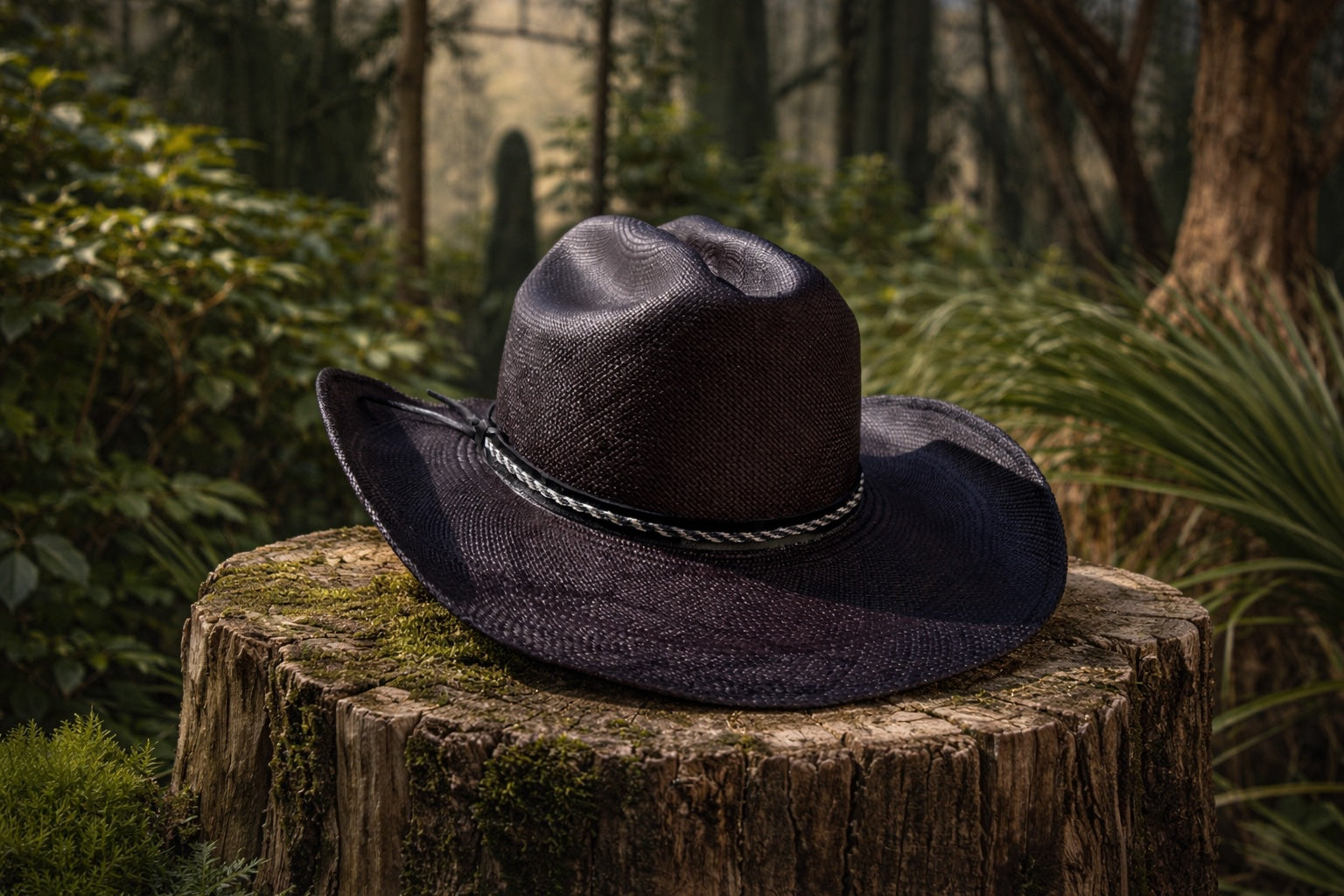 Dark cowboy hat on a wooden stump with a forest background